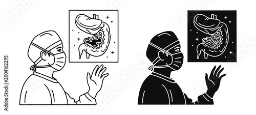 Surgeon icon set with stomach x-ray, outline and solid silhouette styles, white background