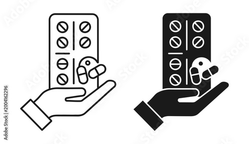 Medical blister pack icon set with hand holding pills, outline and solid style, white background