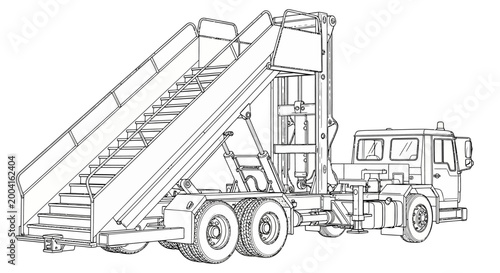 Detailed line drawing of a heavy-duty truck with a large, elevated tipping trailer, showcasing its mechanical components and robust design for industrial use.