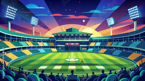 Cricket stadium at night with bright floodlights and green pitch in a flat style