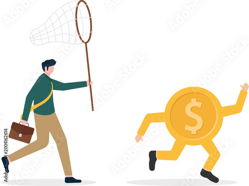 Professional with net chasing flying dollar coin