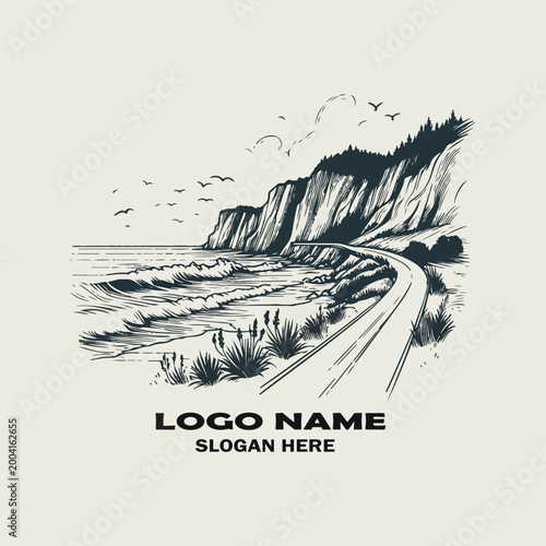 Obraz na płótnie Minimal coastal cliff road scenery in ink sketch style, hand-drawn vector illust