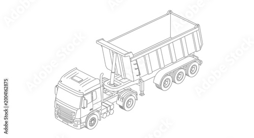 Isometric line drawing of a large dump truck with its trailer raised, showcasing its industrial design and functionality.