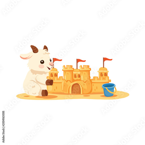 sandcastle cute goat cartoon beach illustration kids summer seaside play with bucket and sand