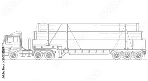 Detailed line drawing of a semi-trailer truck carrying a long load of pipes, showcasing its mechanical components and cargo securing system.