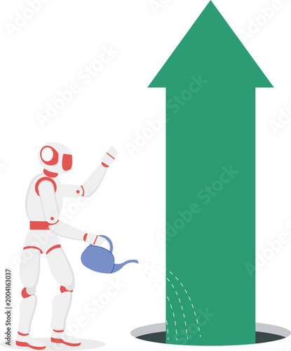 AI robot watering a growing green arrow