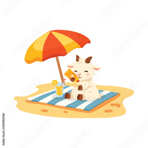 adorable goat illustration sitting on beach mat and applying sunblock under an umbrella