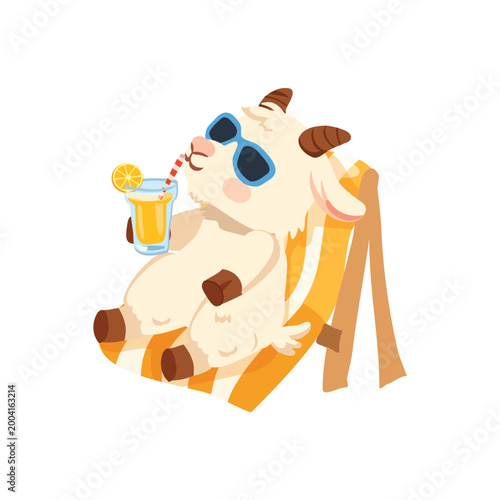 cartoon goat lounging on beach chair with juice glass summer holiday relaxing lifestyle