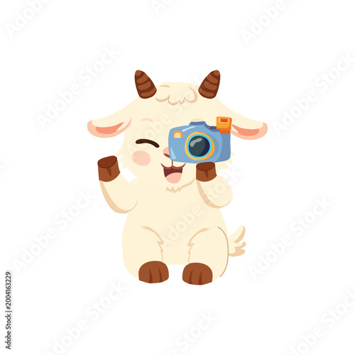 a cute cartoon goat character holding a camera smiling in a playful pose