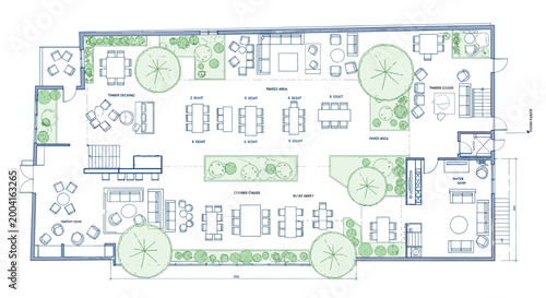 Detailed architectural floor plan with green spaces and furniture layout, Generative AI.