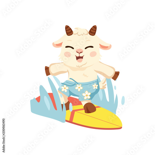 cute goat surfing cartoon character on surfboard summer beach illustration with waves and playful animal design