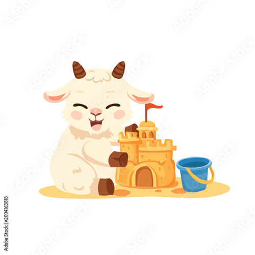 adorable baby goat character playing with sandcastle and bucket seaside summer cartoon art