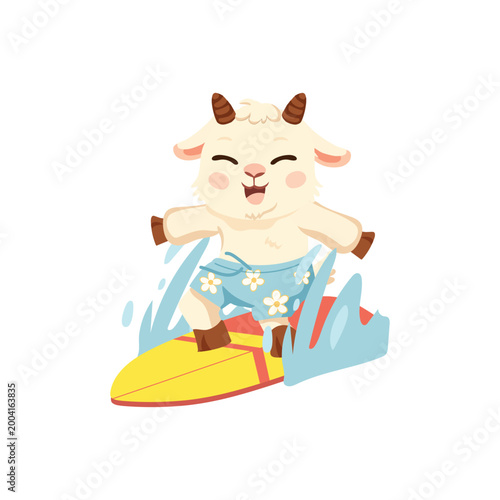 cute goat surfing on surfboard cartoon animal character summer beach illustration with water splash and cheerful expression