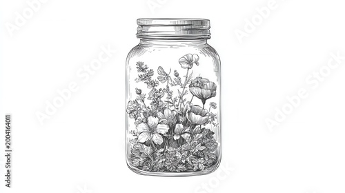 Glass jar with wildflowers inside engraving sketch vintage botanical illustration of preserved nature