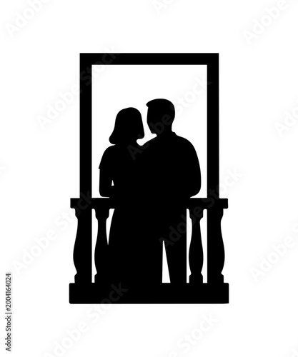Silhouette of a couple embracing on a balcony, a timeless symbol of romance and connection