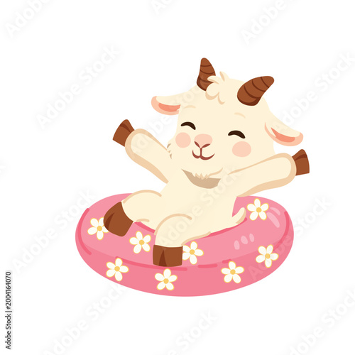 adorable goat floating on pink floral ring summer vacation cute character design