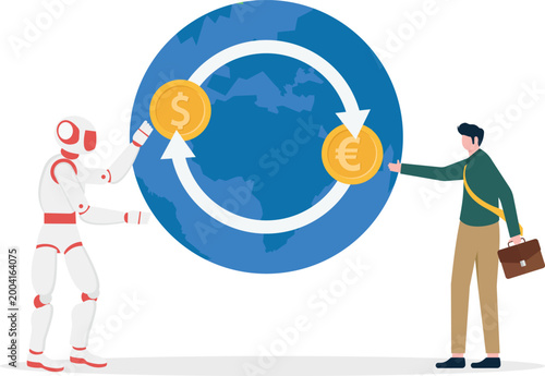 Robot and professional exchanging euro on world globe