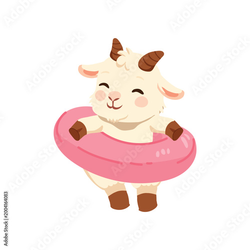 a cute baby goat character smiling inside a pink inflatable ring at a pool during summer