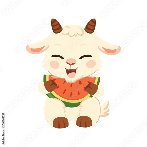 a cute cartoon goat enjoying a slice of watermelon during summer