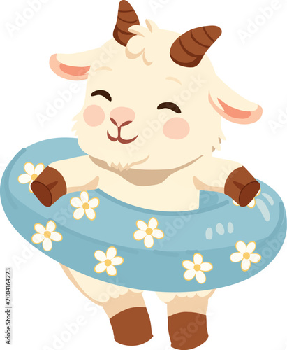 kawaii goat character with inflatable ring summer illustration cute animal clipart for stickers greeting cards and playful designs