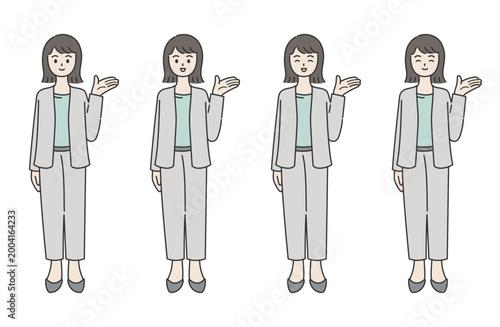 スーツ姿で手を掲げて案内する女性の全身イラスト 表情違い4点セット フラットデザイン ビジネス