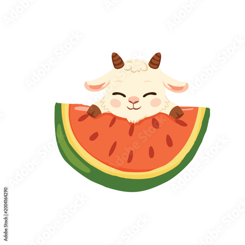 cute goat cartoon with watermelon slice summer animal illustration for kids nursery and playful projects