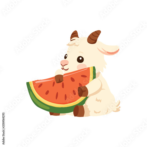 cute goat cartoon eating watermelon summer illustration kawaii animal character with fruit slice minimal flat design for kids and nursery decor
