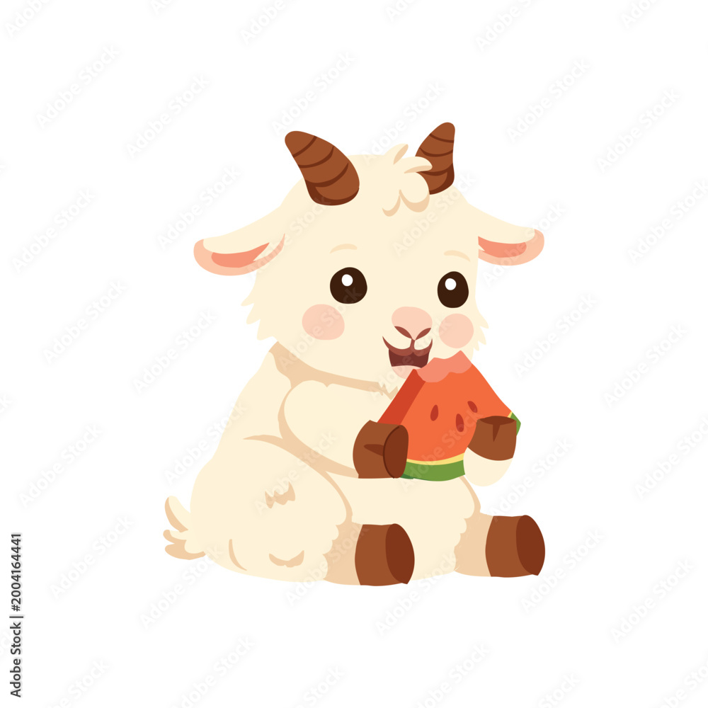 Obraz premium cute goat cartoon illustration baby goat eating watermelon kawaii animal character for kids design nursery art