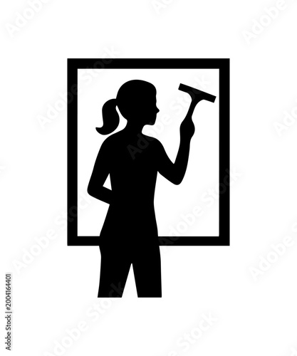 Woman cleaning window with squeegee silhouette icon