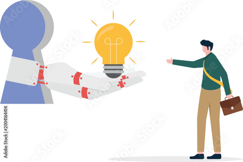 Robot assistant offering idea lightbulb to professional man