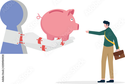 Robot assistant offering piggy bank to professional man