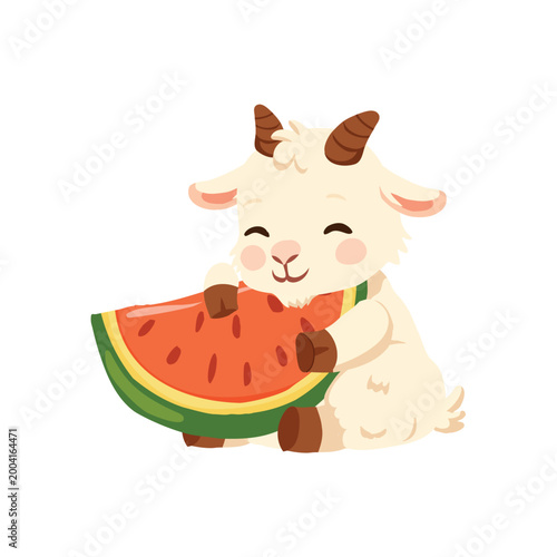 cartoon goat with watermelon slice adorable animal character cute summer fruit illustration