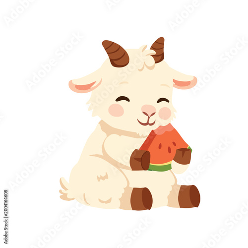 a cute baby goat character eating watermelon. for kids nursery and summer themes