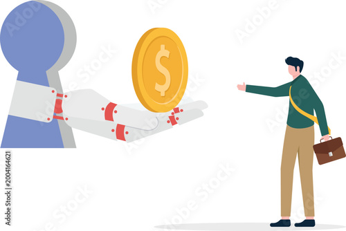 Robot assistant offering gold coin to professional man