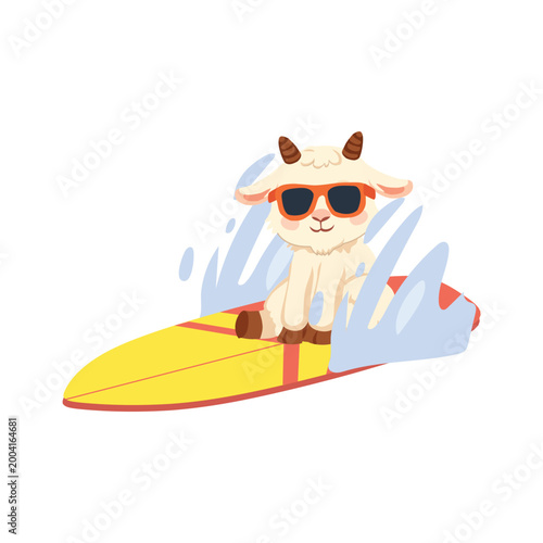 goat cartoon surfing on surfboard cute animal character summer beach illustration with sunglasses and waves