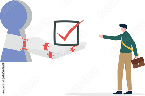 Robot assistant offering check mark to professional man