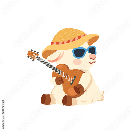 cute goat cartoon playing guitar wearing sunglasses and straw hat summer animal illustration for kids design and nursery decor