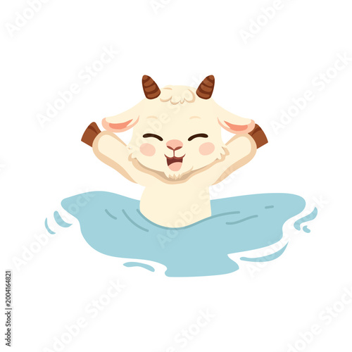 cute goat cartoon character relaxing in water happy farm animal illustration for kids design and nursery art