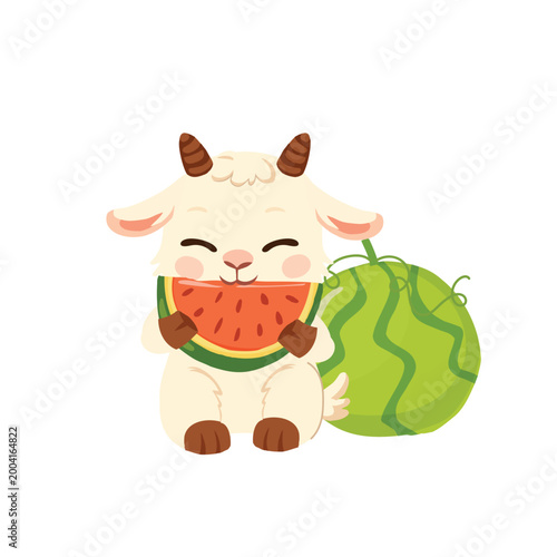 cute goat character eating watermelon slice. used in summer themes