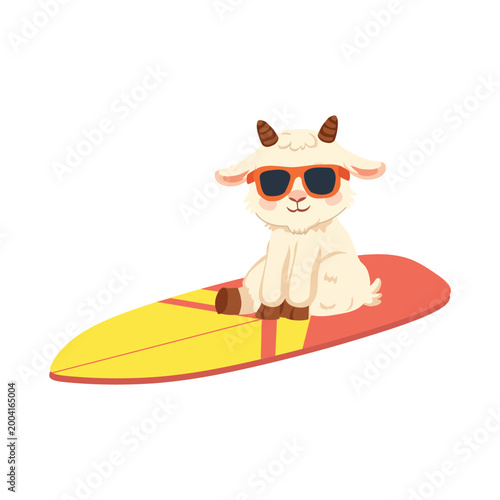 adorable goat mascot surfing beach lifestyle summer vacation cartoon illustration