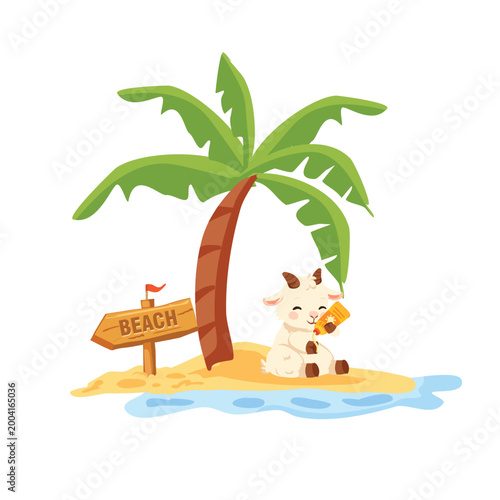 adorable goat character applying sunscreen at seaside with palm tree and beach sign