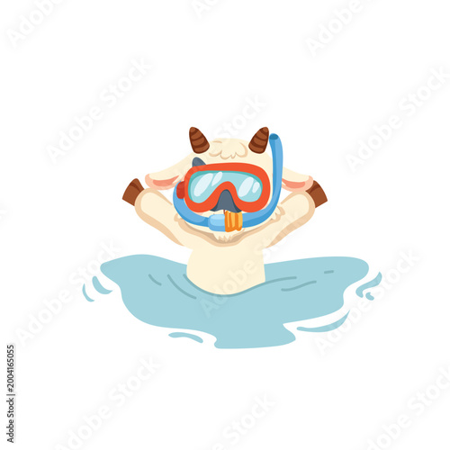 cute goat wearing snorkel mask swimming in water playful animal cartoon summer holiday design