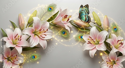 3d floral wallpaper with pink lilies butterfly and peacock feathers