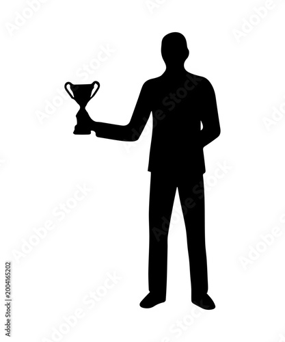 Man silhouette raising a trophy, celebrating achievement and triumph