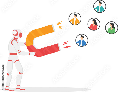 Robot using giant magnet to attract group of customers