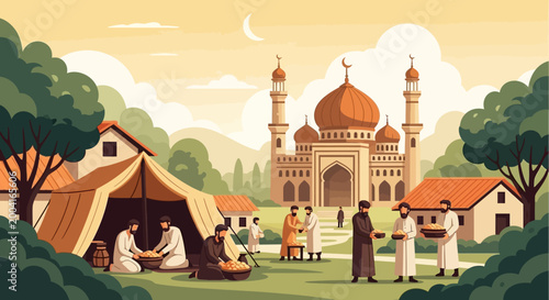 Muslim Community Sharing Food and Zakat Charity in Mosque Yard During Ramadan Flat Vector Illustration