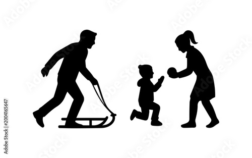 Family playing winter games with sled and snowball