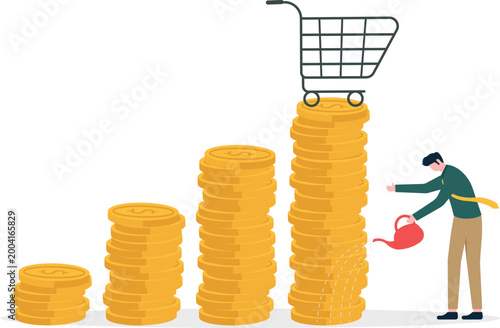 Professional man watering gold coin stack with shopping cart