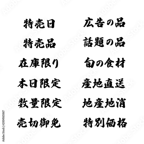 Japanese Kanji Calligraphy Set for Supermarket Flyers: Sale, Limited Offer, Seasonal, and more (12 items)