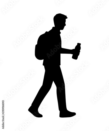 Man silhouette walking with backpack and drink bottle